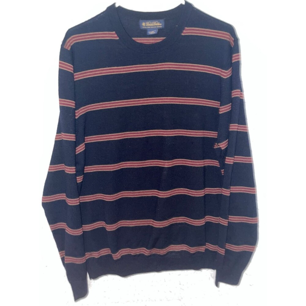 Brooks Brothers Striped 100% Fine Merino Wool Sweater Navy Blue Mens L Crew neck